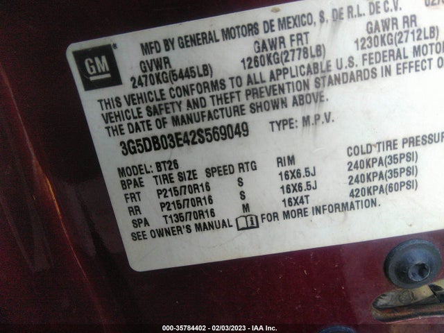 2002 BUICK RENDEZVOUS CXL VIN: 3G5DB03E42S569049