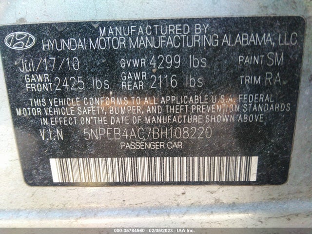 2011 HYUNDAI SONATA GLS PZEV VIN: 5NPEB4AC7BH108220