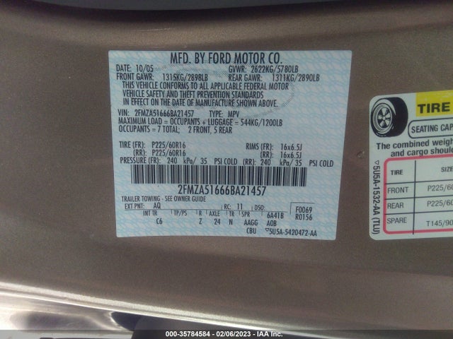 2006 FORD FREESTAR WAGON SE VIN: 2FMZA51666BA21457