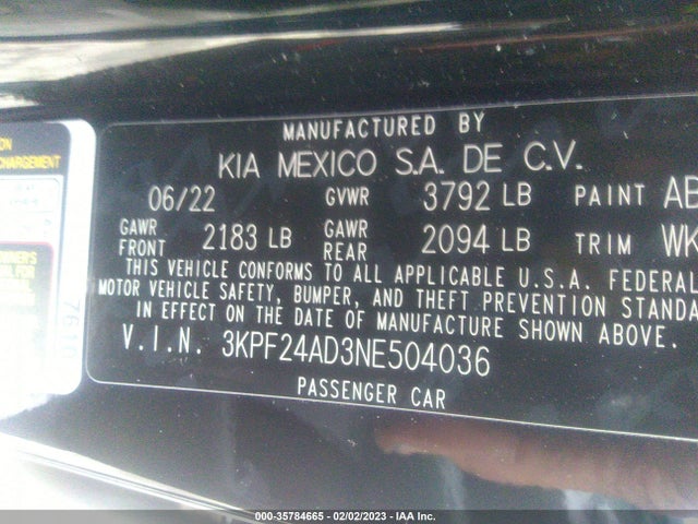 2022 KIA FORTE LXS VIN: 3KPF24AD3NE504036