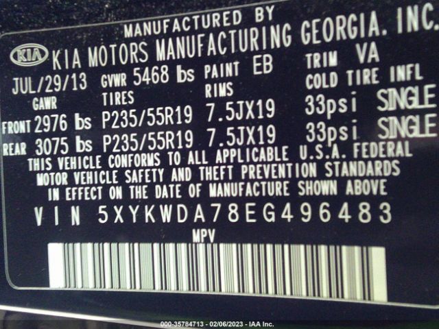 5XYKWDA78EG496483 KIA Sorento Sx Limited
