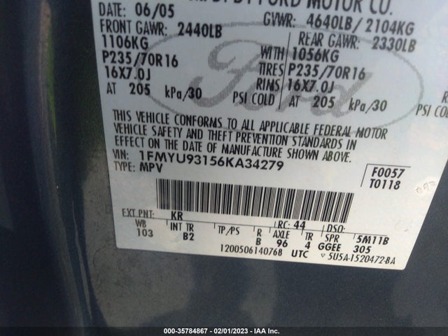 2006 FORD ESCAPE XLT VIN: 1FMYU93156KA34279