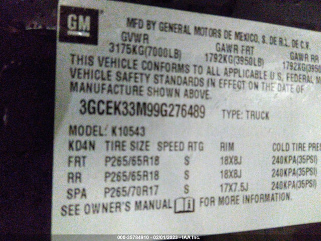 2009 CHEVROLET SILVERADO 1500 LTZ VIN: 3GCEK33M99G276489