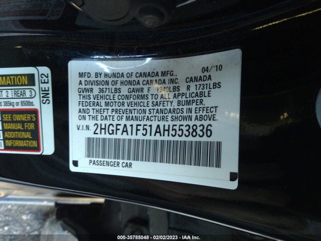 2010 HONDA CIVIC SDN LX VIN: 2HGFA1F51AH553836