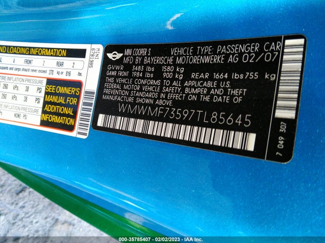 WMWMF73597TL85645 Mini Cooper Hardtop S