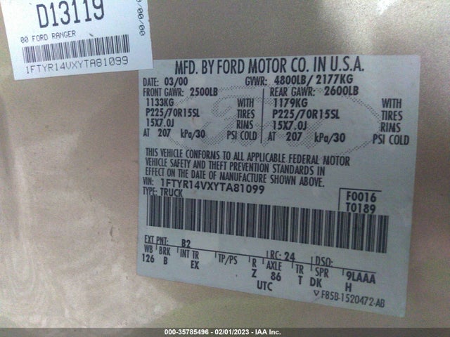 2000 FORD RANGER XL/XLT VIN: 1FTYR14VXYTA81099