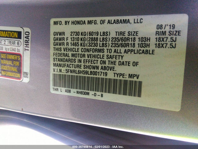 2020 Honda Odyssey, VIN: 5FNRL6H59LB001719