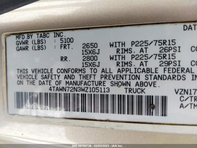 1998 TOYOTA TACOMA VIN: 4TAWN72N3WZ105113
