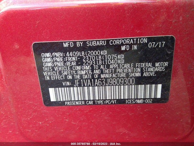 2018 Subaru WRX, VIN: JF1VA1A63J9809300