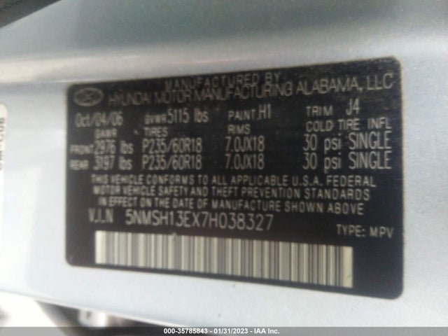 2007 HYUNDAI SANTA FE SE/LIMITED VIN: 5NMSH13EX7H038327