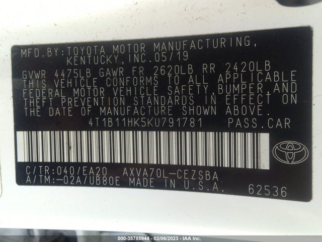2019 Toyota Camry, VIN: 4T1B11HK5KU791781