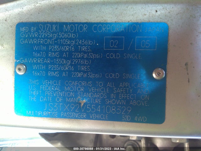 2005 SUZUKI XL-7 LX/EX VIN: JS3TX92V554108329