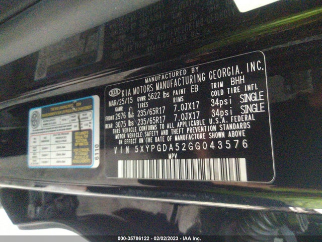 2016 KIA SORENTO LX VIN: 5XYPGDA52GG043576
