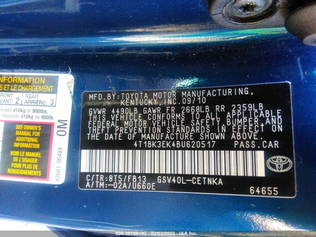 2011 TOYOTA CAMRY LE/SE/XLE VIN: 4T1BK3EK4BU620517