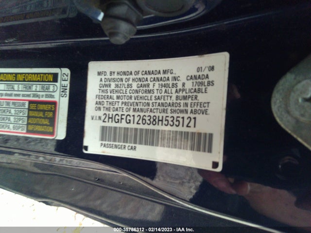 2008 HONDA CIVIC CPE LX VIN: 2HGFG12638H535121