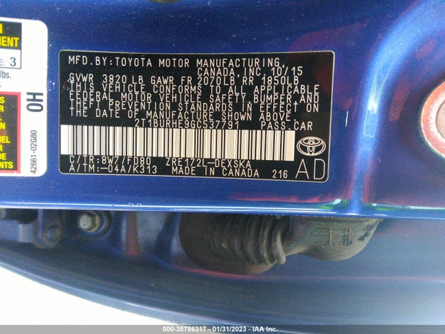 2016 TOYOTA COROLLA L/LE/S/S PLUS/LE PLUS VIN: 2T1BURHE9GC537791