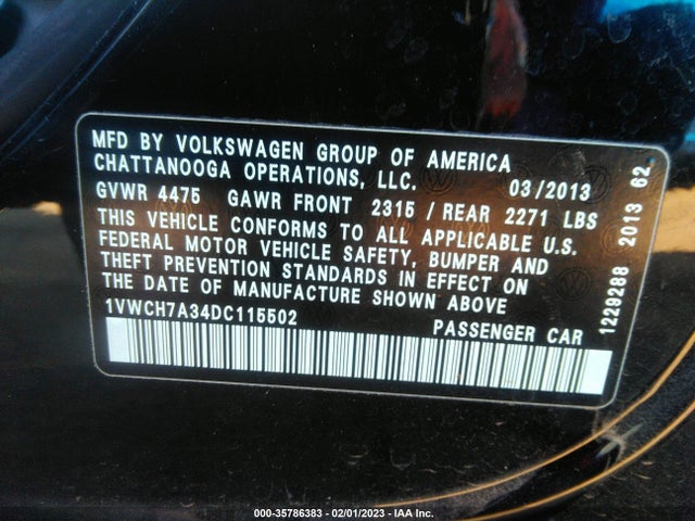1VWCH7A34DC115502 Volkswagen Passat Sel Premium