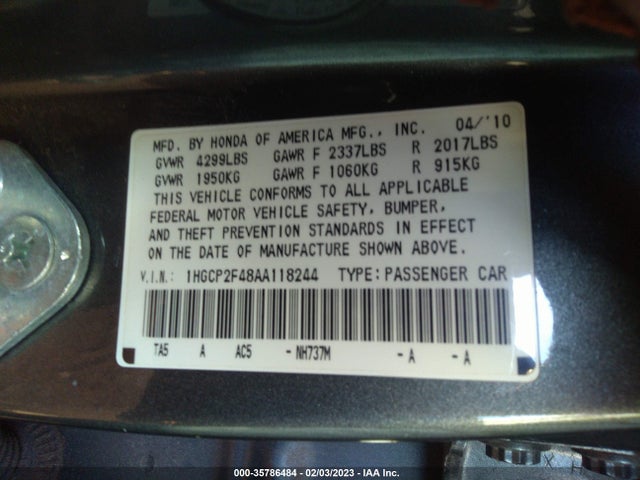 2010 HONDA ACCORD SDN LX-P VIN: 1HGCP2F48AA118244