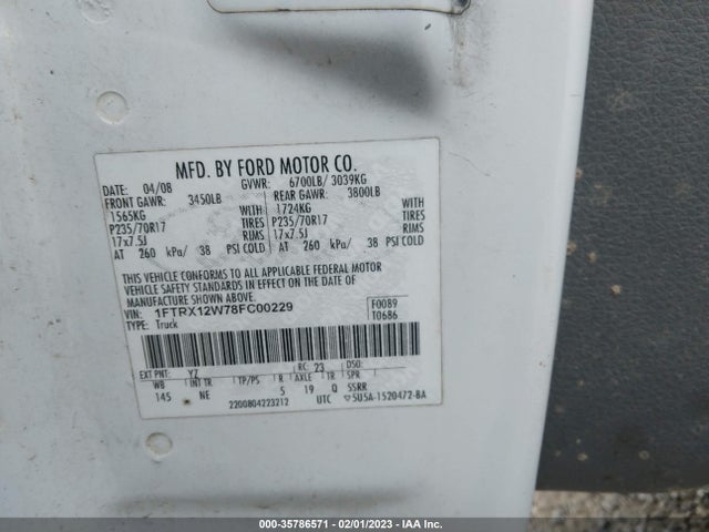 2008 FORD F-150 STX/XLT/FX2/XL VIN: 1FTRX12W78FC00229