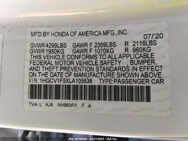 2020 Honda Accord, VIN: 1HGCV1F5XLA105636