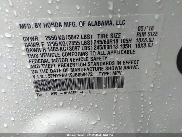 Honda PILOT LX 2018 5FNYF6H19JB059472 Image 9