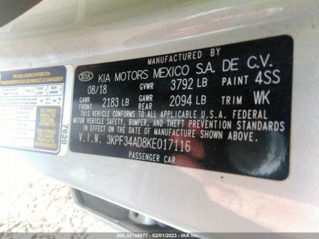 3KPF34AD8KE017116 KIA FORTE S