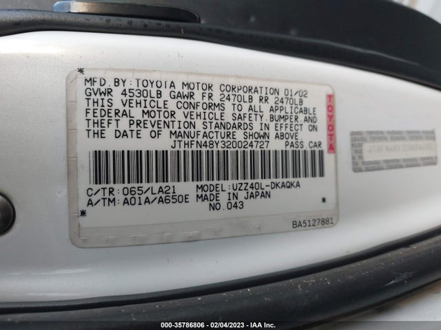 2002 LEXUS SC 430 VIN: JTHFN48Y320024727