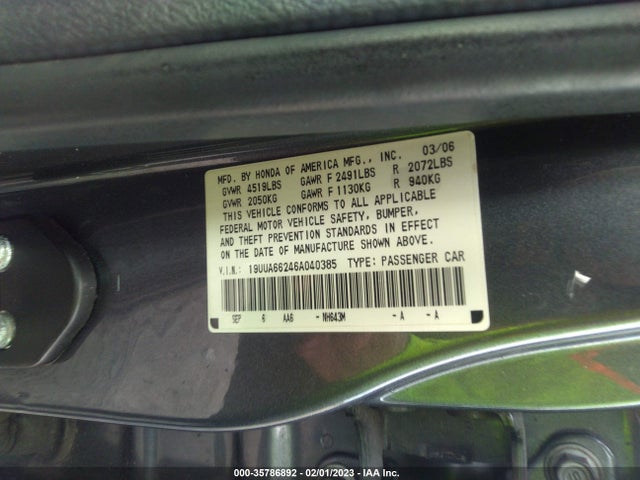 2006 ACURA TL VIN: 19UUA66246A040385