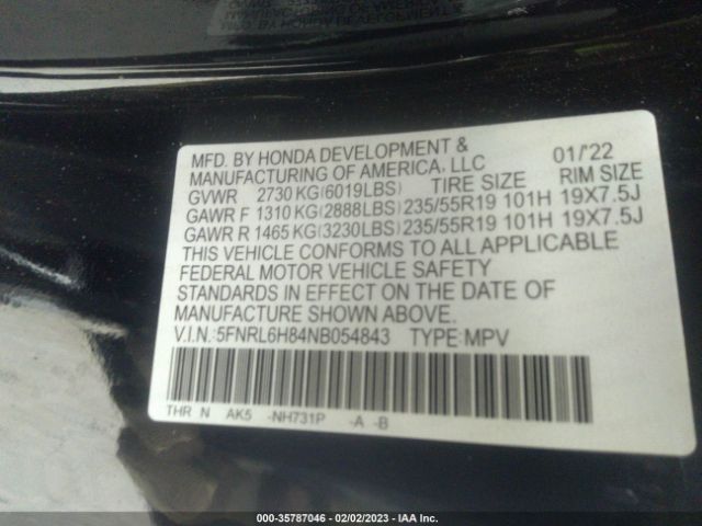 5FNRL6H84NB054843 Honda Odyssey Touring