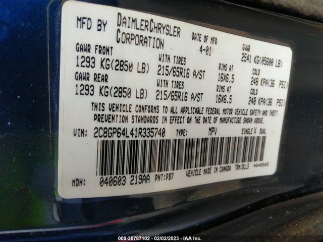 2001 CHRYSLER TOWN & COUNTRY LIMITED VIN: 2C8GP64L41R335740