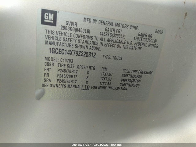 2009 CHEVROLET SILVERADO 1500 WORK TRUCK VIN: 1GCEC14X79Z225812