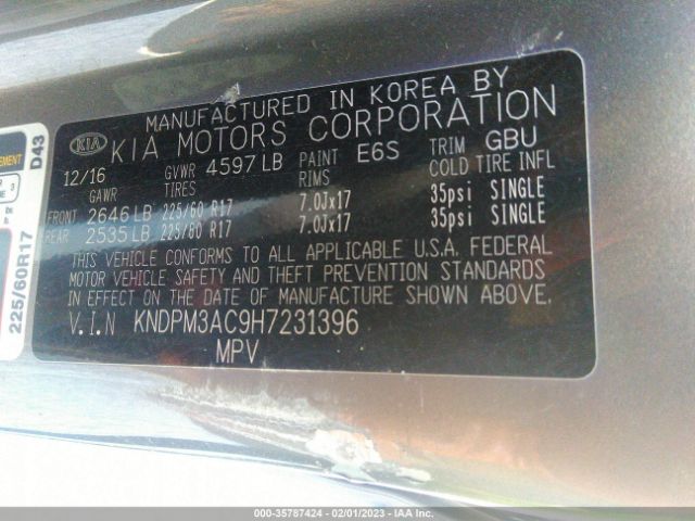 KNDPM3AC9H7231396 KIA Sportage Lx