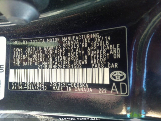 2014 TOYOTA COROLLA L/LE/S/S PLUS/LE PLUS VIN: 2T1BURHE2EC191502