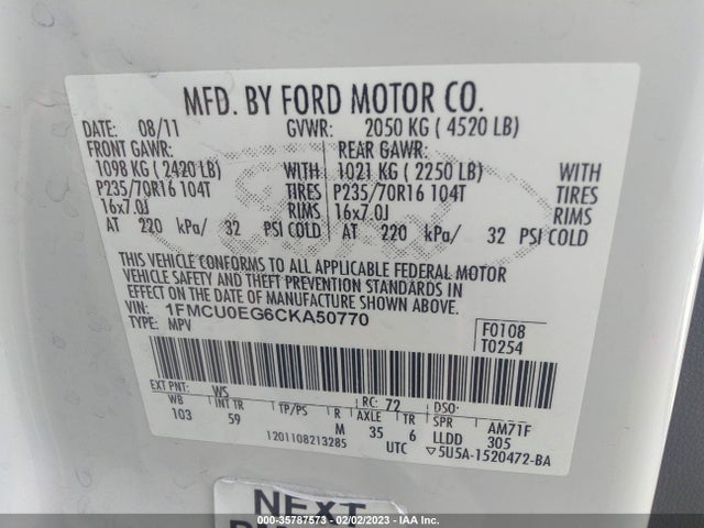 2012 FORD ESCAPE LIMITED VIN: 1FMCU0EG6CKA50770