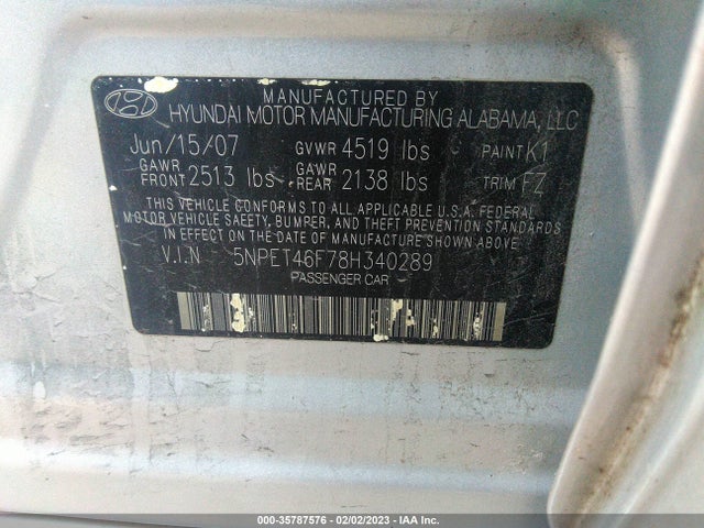 2008 HYUNDAI SONATA GLS VIN: 5NPET46F78H340289