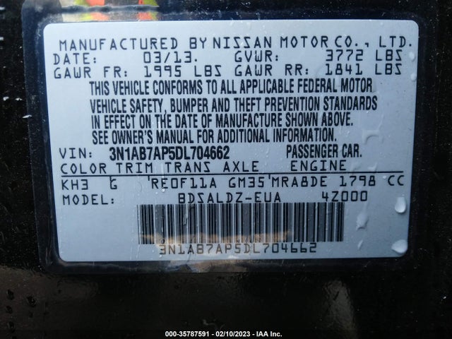 2013 NISSAN SENTRA SV VIN: 3N1AB7AP5DL704662