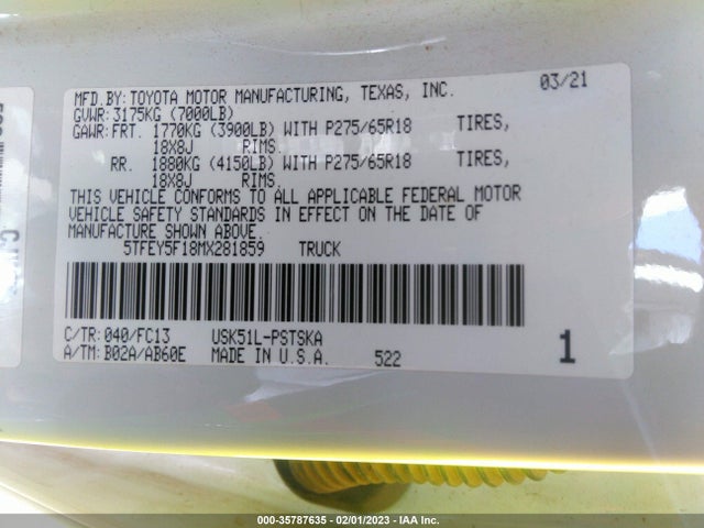 Toyota Tundra 2wd Sr5 2021 5TFEY5F18MX281859 Image 9