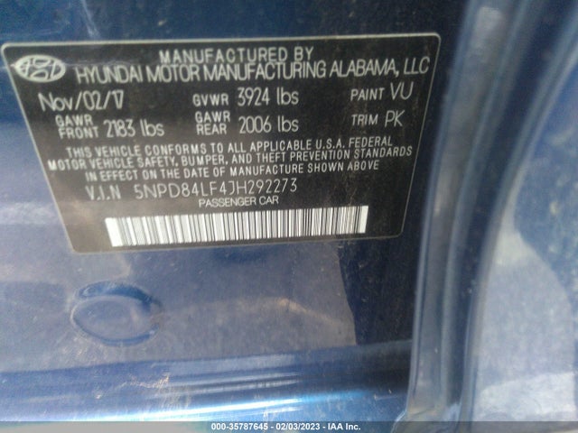 2018 HYUNDAI ELANTRA SEL VIN: 5NPD84LF4JH292273