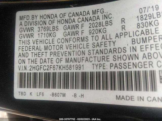 2019 Honda Civic, VIN: 2HGFC2F67KH581991