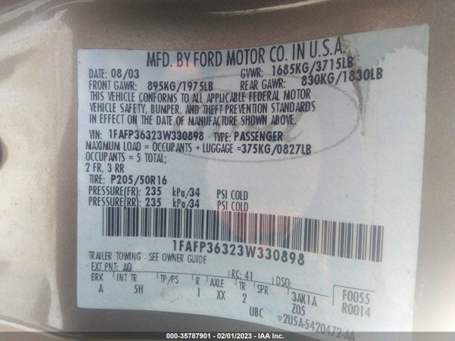2003 FORD FOCUS SE FLEET/SE/ZTW VIN: 1FAFP36323W330898