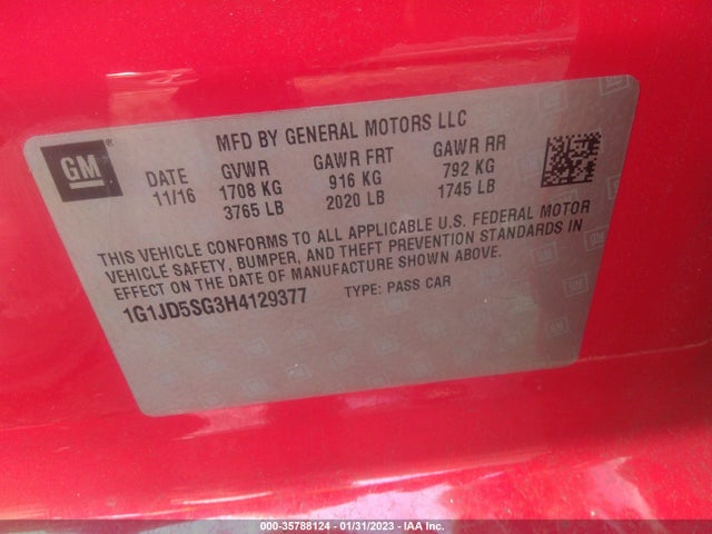 Chevrolet SONIC LT 2017 1G1JD5SG3H4129377 Image 10