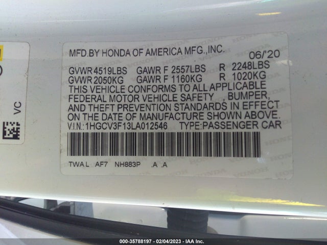 2020 HONDA ACCORD HYBRID VIN: 1HGCV3F13LA012546
