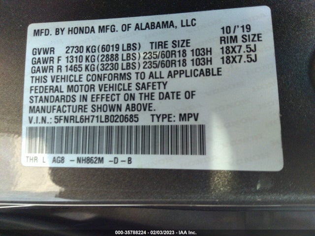 2020 HONDA ODYSSEY EX-L VIN: 5FNRL6H71LB020685