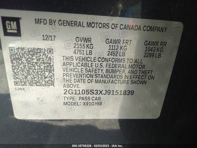 2018 CHEVROLET IMPALA LT VIN: 2G1105S3XJ9151839
