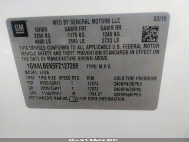 2015 CHEVROLET EQUINOX LT VIN: 1GNALBEK5FZ127288