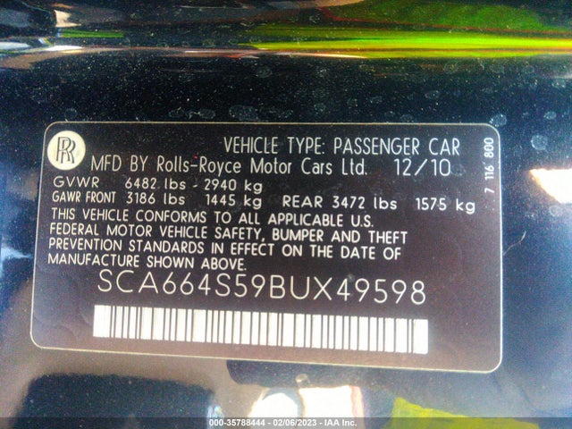 2011 ROLLS-ROYCE GHOST VIN: SCA664S59BUX49598