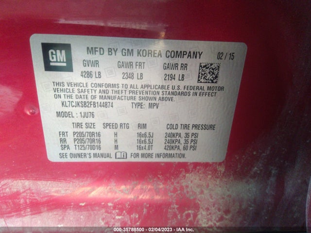 2015 Chevrolet Trax, VIN: KL7CJKSB2FB144874