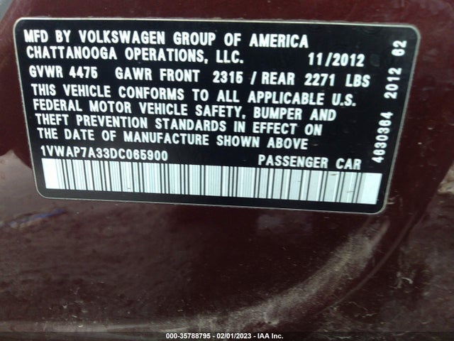 2013 VOLKSWAGEN PASSAT S VIN: 1VWAP7A33DC065900