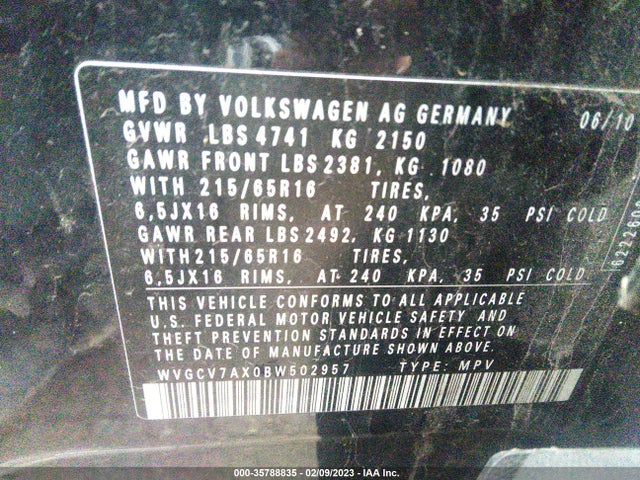 Volkswagen TIGUAN S 2011 WVGCV7AX0BW502957 Image 11