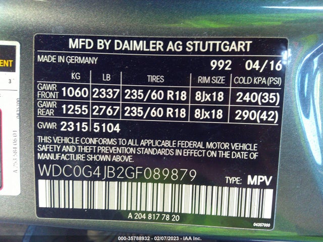 2016 Mercedes-Benz GLC-Class, VIN: WDC0G4JB2GF089879